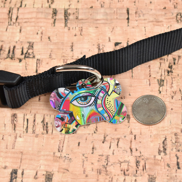 Abstract Eye Painting Bone Shaped Dog ID Tag - Large - In Context
