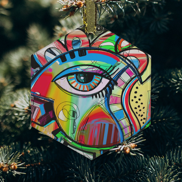 Abstract Eye Painting Frosted Glass Ornament - Hexagon (Lifestyle)