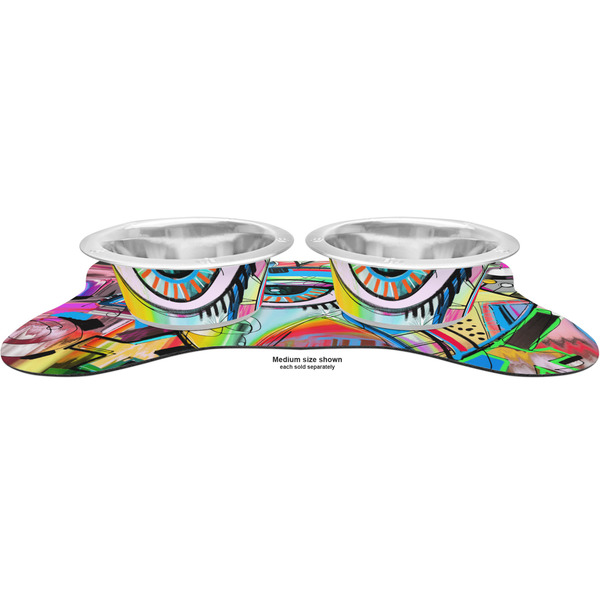 Abstract Eye Painting Metal Pet Bowls - On Dog Bone Shaped Mat