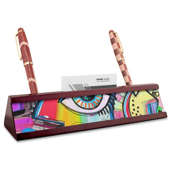 Custom Abstract Eye Painting Red Mahogany Nameplate with Business Card Holder