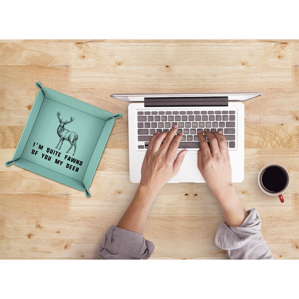 Deer 9" x 9" Teal Leatherette Snap Up Tray - LIFESTYLE