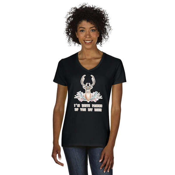 Custom Deer Women's V-Neck T-Shirt - Black - Small (Personalized)