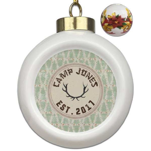 Custom Deer Ceramic Ball Ornaments - Poinsettia Garland (Personalized)