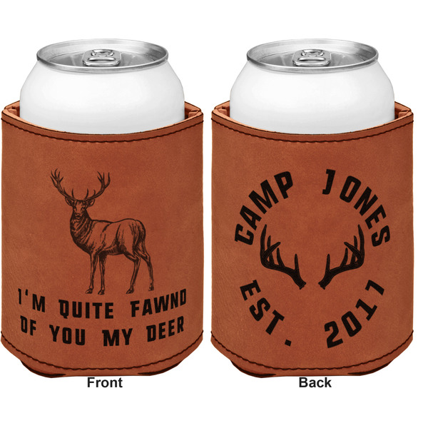Deer Cognac Leatherette Can Sleeve - Double Sided Front and Back