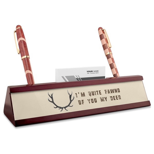Custom Deer Red Mahogany Nameplate with Business Card Holder (Personalized)