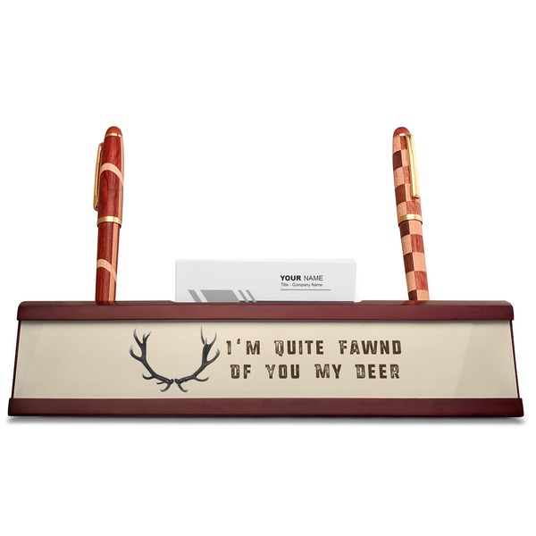 Deer Red Mahogany Nameplates with Business Card Holder - Straight