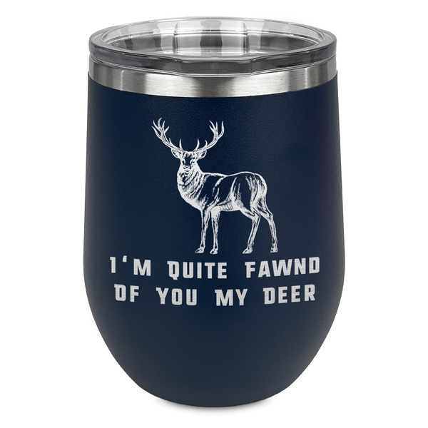 Custom Deer Stemless Stainless Steel Wine Tumbler - Navy - Double Sided (Personalized)