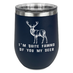 Deer Stemless Stainless Steel Wine Tumbler - Navy - Single Sided (Personalized)