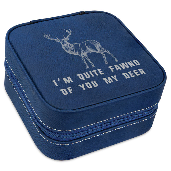 Custom Deer Travel Jewelry Box - Navy Blue Leather (Personalized)