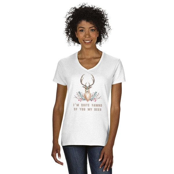 Custom Deer Women's V-Neck T-Shirt - White - Small (Personalized)