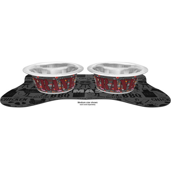 Barbeque Metal Pet Bowls - On Dog Bone Shaped Mat