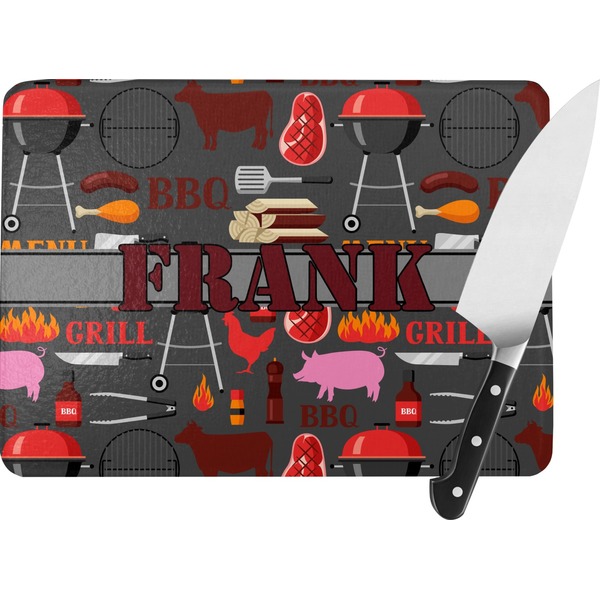 Custom Barbeque Rectangular Glass Cutting Board - Large - 15.25"x11.25" w/ Name or Text