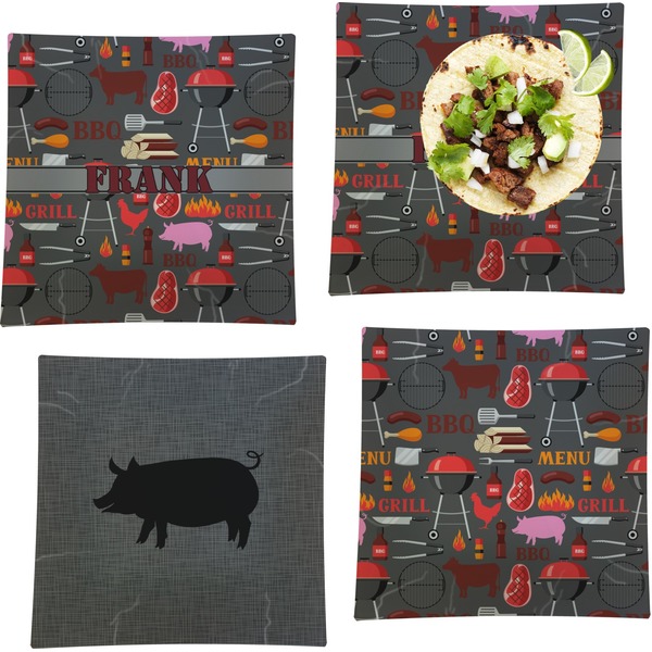 Custom Barbeque Set of 4 Glass Square Lunch / Dinner Plate 9.5" (Personalized)