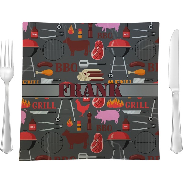 Custom Barbeque 9.5" Glass Square Lunch / Dinner Plate- Single or Set of 4 (Personalized)