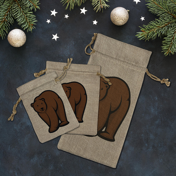 Cabin Burlap Gift Bags - LIFESTYLE (Flat lay)