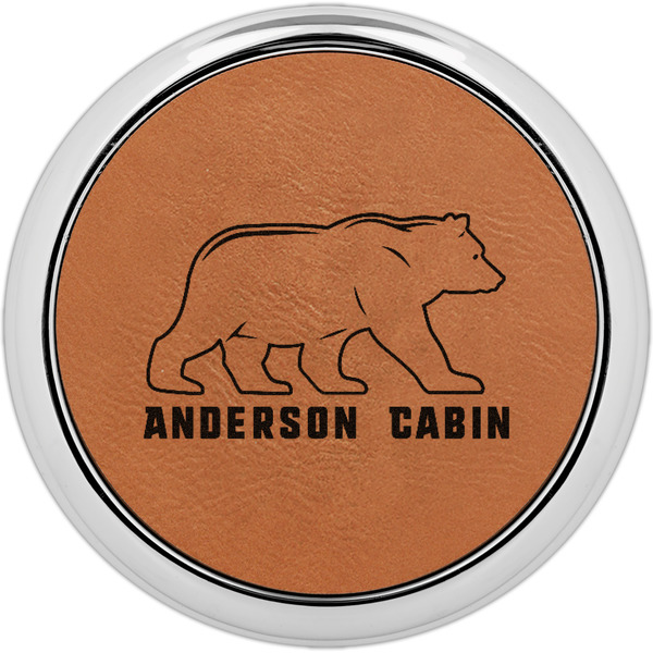 Custom Cabin Set of 4 Leatherette Round Coasters w/ Silver Edge (Personalized)