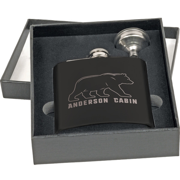 Cabin Engraved Black Flask Gift Set