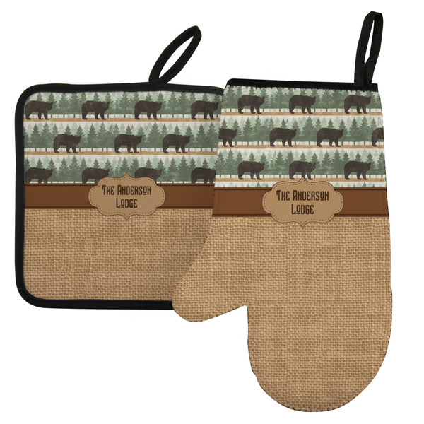 Custom Cabin Left Oven Mitt & Pot Holder Set w/ Name or Text
