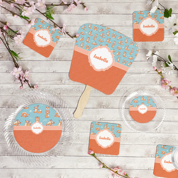 Foxy Yoga Party Supplies Combination Image - All items - Plates, Coasters, Fans