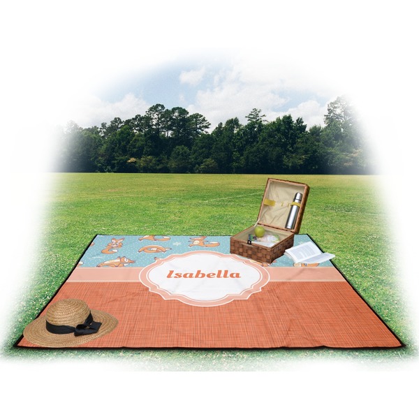 Foxy Yoga Picnic Blanket - with Basket Hat and Book - in Use