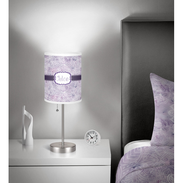 Watercolor Mandala 7 inch drum lamp shade - in room