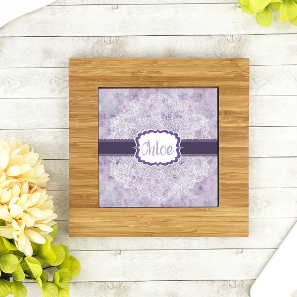 Watercolor Mandala Bamboo Trivet with 6" Tile - LIFESTYLE