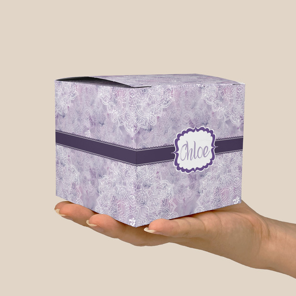 Watercolor Mandala Cube Favor Gift Box - On Hand - Scale View