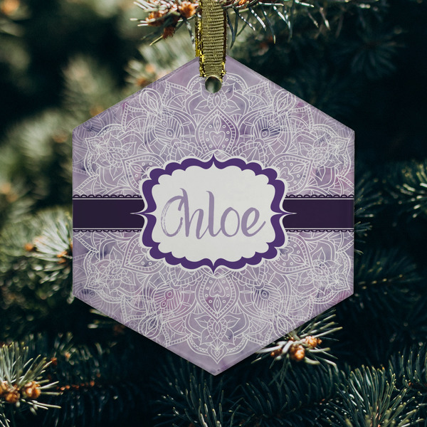 Watercolor Mandala Frosted Glass Ornament - Hexagon (Lifestyle)