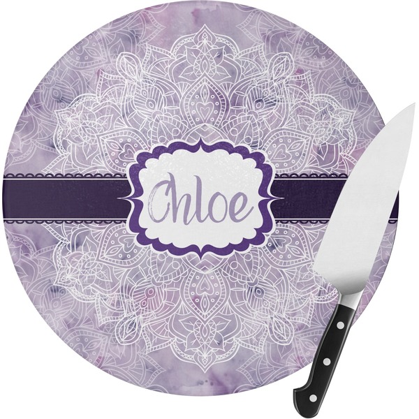 Custom Watercolor Mandala Round Glass Cutting Board - Medium (Personalized)