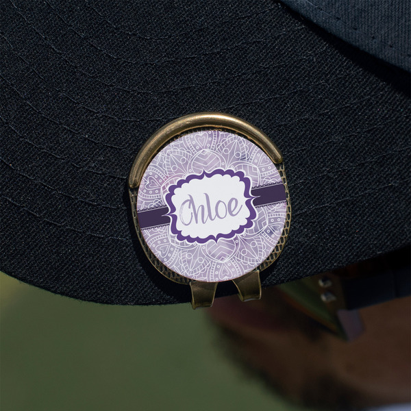 Watercolor Mandala Golf Ball Marker Hat Clip - Gold - On Hat