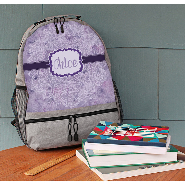 Watercolor Mandala Large Backpack - Gray - On Desk