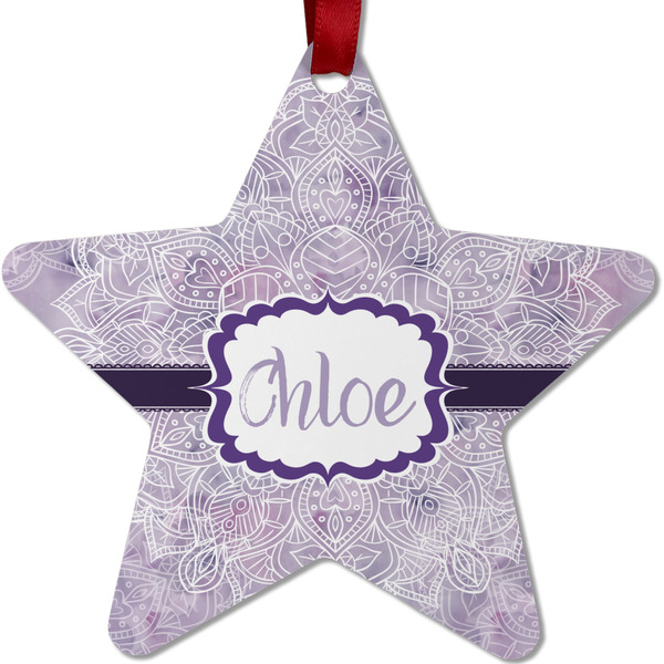 Custom Watercolor Mandala Metal Star Ornament - Double Sided w/ Name or Text