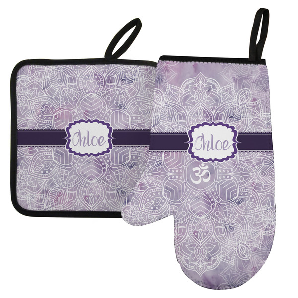 Custom Watercolor Mandala Left Oven Mitt & Pot Holder Set w/ Name or Text