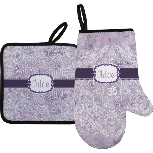 Custom Watercolor Mandala Oven Mitt & Pot Holder Set w/ Name or Text