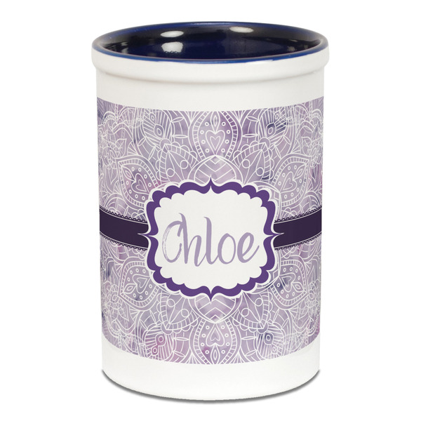 Custom Watercolor Mandala Ceramic Pencil Holders - Blue