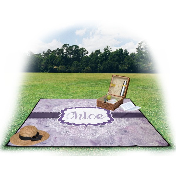 Watercolor Mandala Picnic Blanket - with Basket Hat and Book - in Use