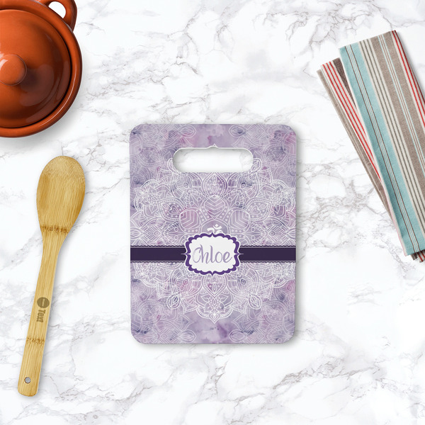 Watercolor Mandala Rectangle Trivet with Handle - LIFESTYLE