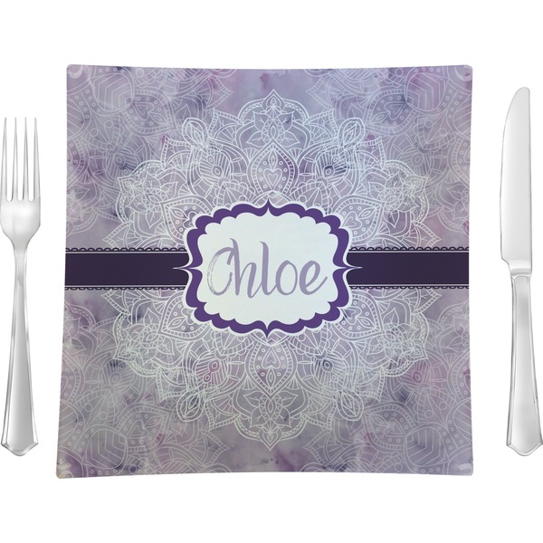 Custom Watercolor Mandala 9.5" Glass Square Lunch / Dinner Plate- Single or Set of 4 (Personalized)