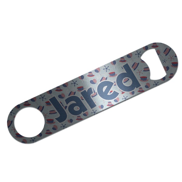 Custom Patriotic Celebration Bar Bottle Opener - Silver w/ Name or Text