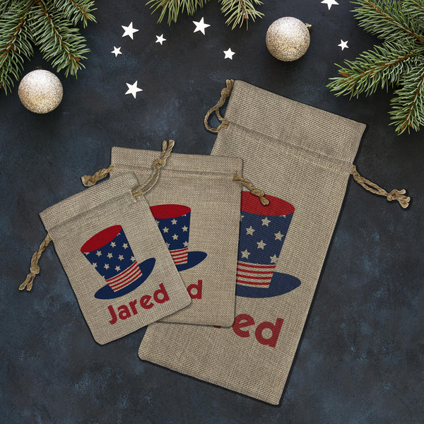 Patriotic Celebration Burlap Gift Bags - LIFESTYLE (Flat lay)
