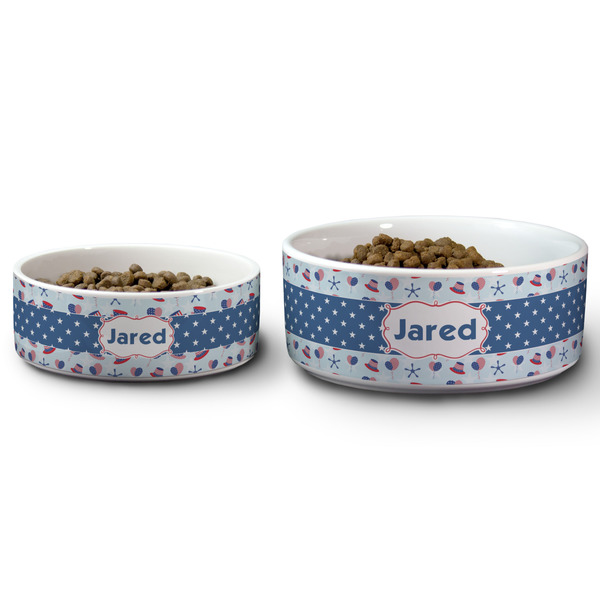Patriotic Celebration Ceramic Dog Bowls - Size Comparison