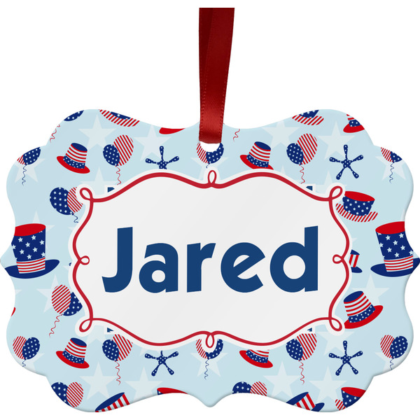 Custom Patriotic Celebration Metal Frame Ornament - Double Sided w/ Name or Text