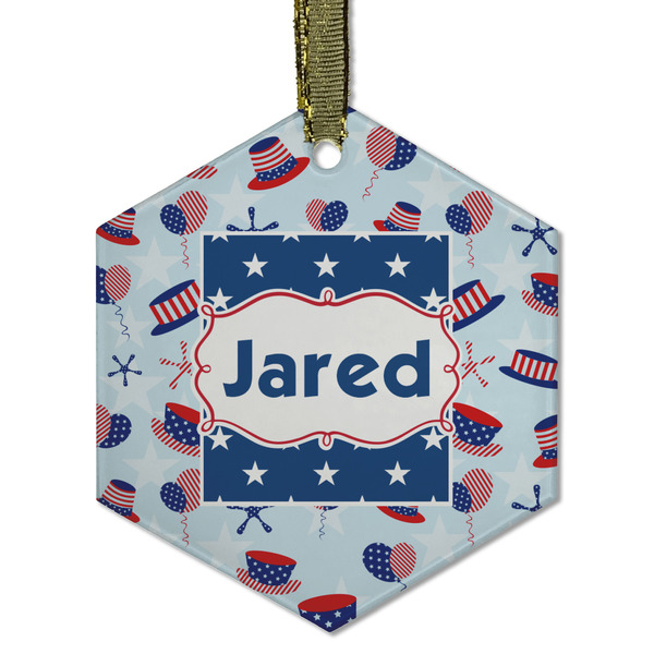 Custom Patriotic Celebration Flat Glass Ornament - Hexagon w/ Name or Text