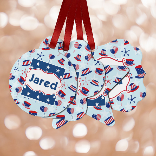Custom Patriotic Celebration Metal Ornaments - Double Sided w/ Name or Text
