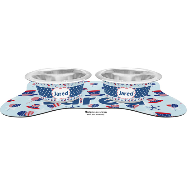 Patriotic Celebration Metal Pet Bowls - On Dog Bone Shaped Mat