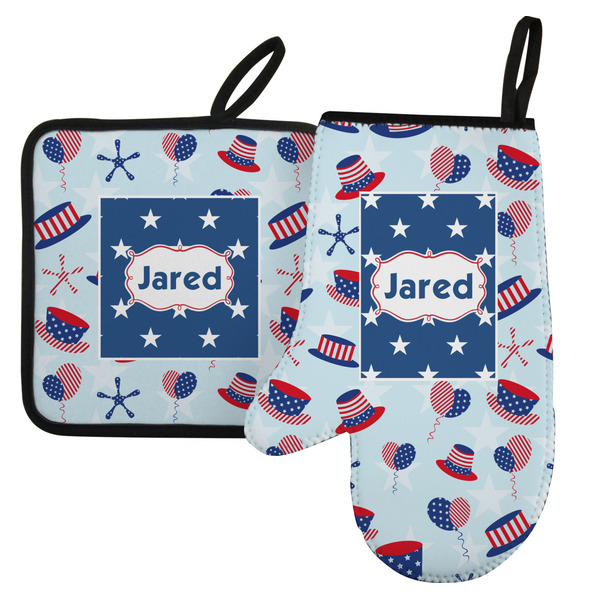Custom Patriotic Celebration Left Oven Mitt & Pot Holder Set w/ Name or Text