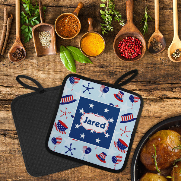 Patriotic Celebration Neoprene Pot Holder - Set of 2  LIFESTYLE (Flatlay)