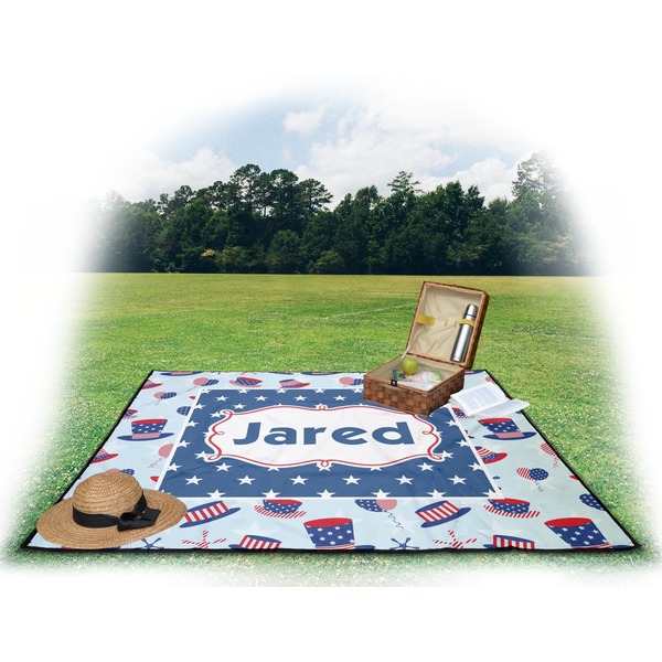 Patriotic Celebration Picnic Blanket - with Basket Hat and Book - in Use