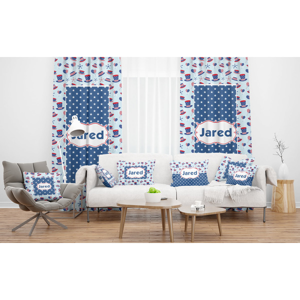 Patriotic Celebration Sheer and Custom Curtains in Room with Matching Pillows