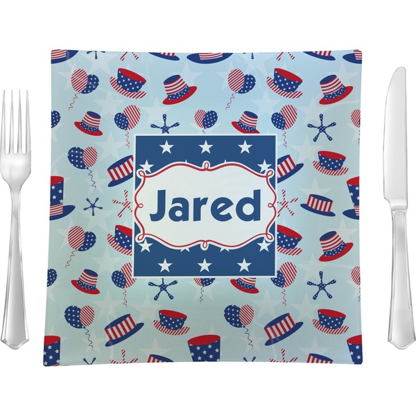 Custom Patriotic Celebration 9.5" Glass Square Lunch / Dinner Plate- Single or Set of 4 (Personalized)